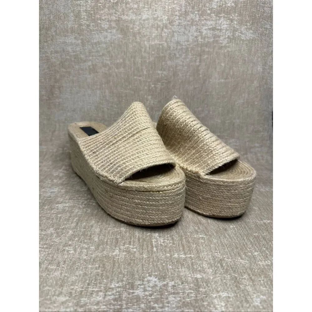 Zara Women's Jute Raffia Woven Platform Slip On Wedge Sandals Beige Size 39